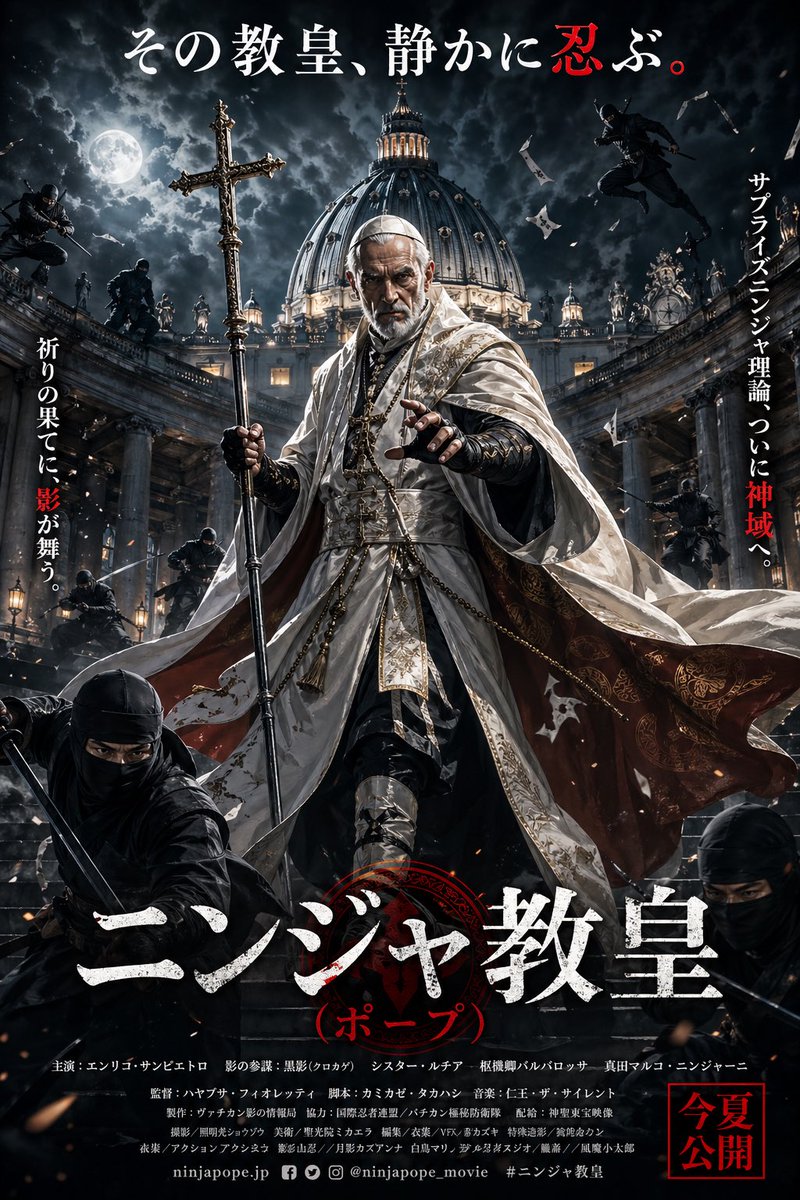 AIの考えたサプライズニンジャ理論に基づく映画のポスター作らせたら全てが良すぎた
なんだよバチカン極秘防衛隊って
