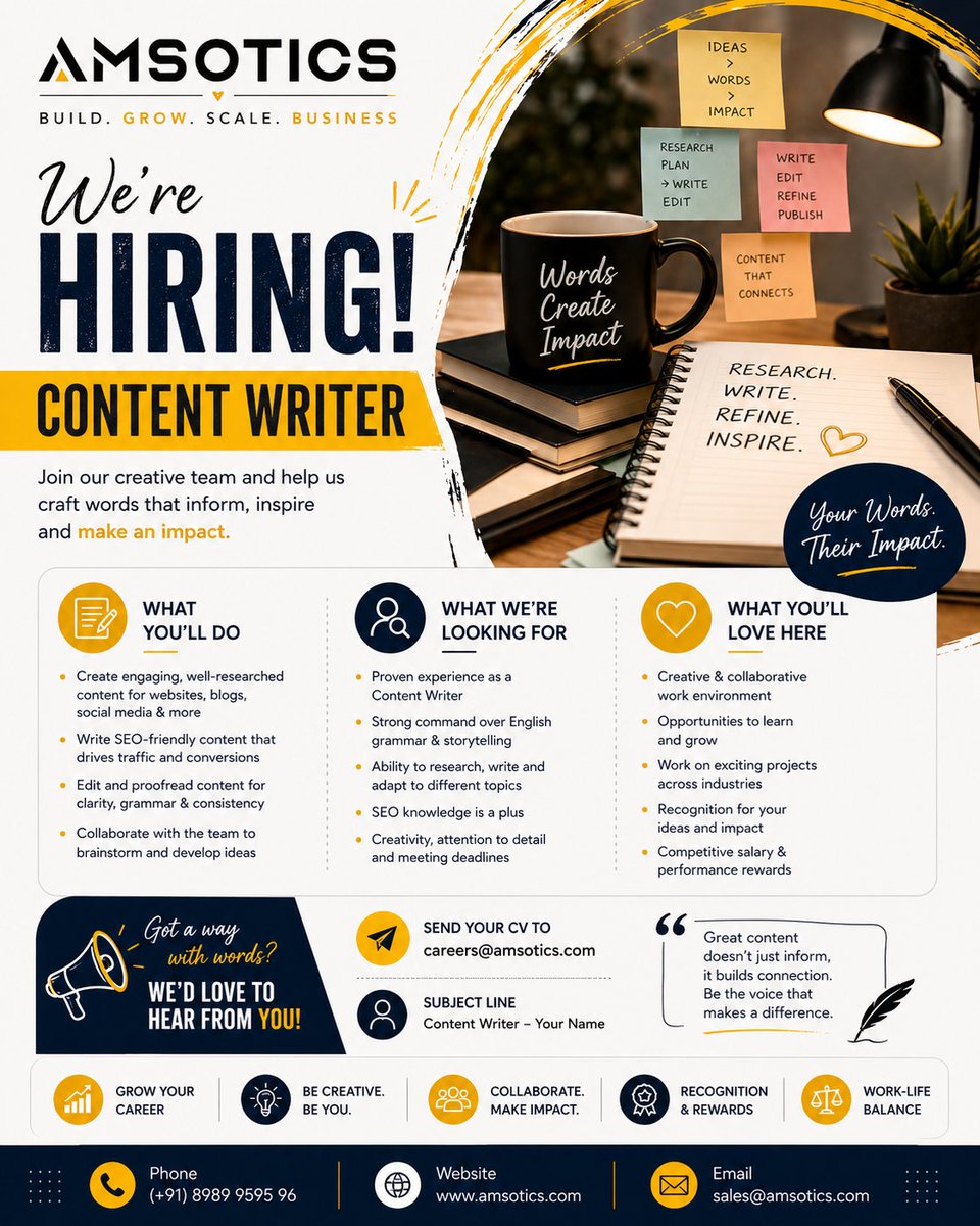 Amsotics's tweet image. We’re hiring a creative and talented Content Writer to craft compelling stories, engaging copy, and impactful content that connects with audiences.we want you on our team. Join us and turn ideas into influence. ✍️✨

#Hiring #ContentWriter #NowHiring #CreativeJobs #JoinOurTeam