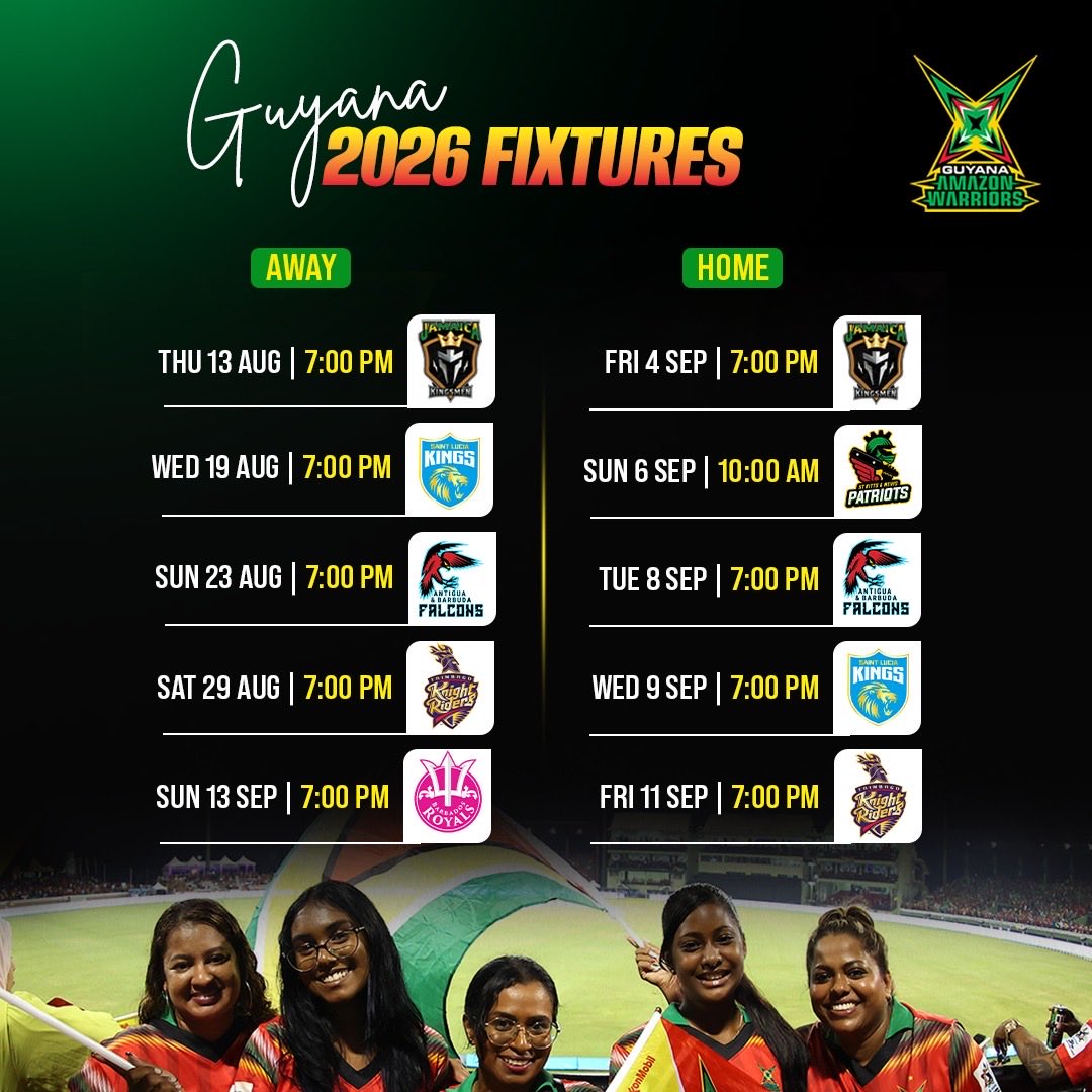 amznwarriors's tweet photo. Warriors Nation are YOU ready for the fight? 🇬🇾

Here are your 2026 battlegrounds 🔥

#GuyanaAmazonWarriors #CPL26 https://t.co/9woqaqVaq1