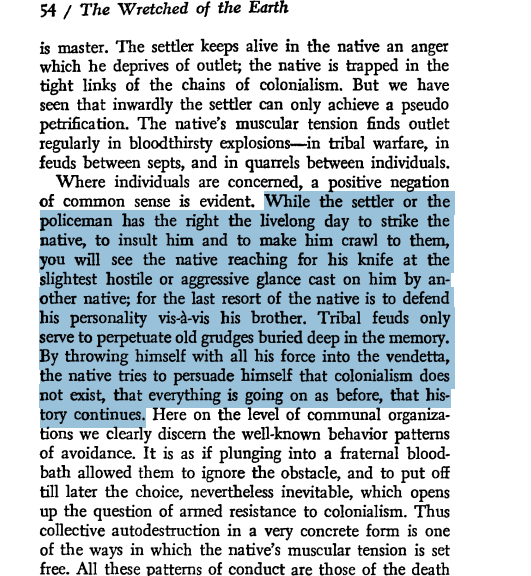 rhaplord's tweet photo. “You will see the native reaching for his knife at the
slightest hostile or aggressive glance cast on him by another native; for the last resort of the native is to defend his personality vis-à-vis his brother.”

Fanon's observations here can be applied to xenophobia https://t.co/8ZNWnySUnw
