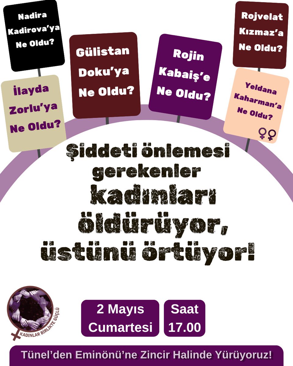 KBGuclu2's tweet photo. Şiddeti önlemesi gerekenler kadınları öldürüyor, üstünü örtüyor!

2 Mayıs Cumartesi saat 17.00’da eylemdeyiz!
Tünel’den Eminönü’ne zincir halinde yürüyoruz! https://t.co/zQccSbJbhN