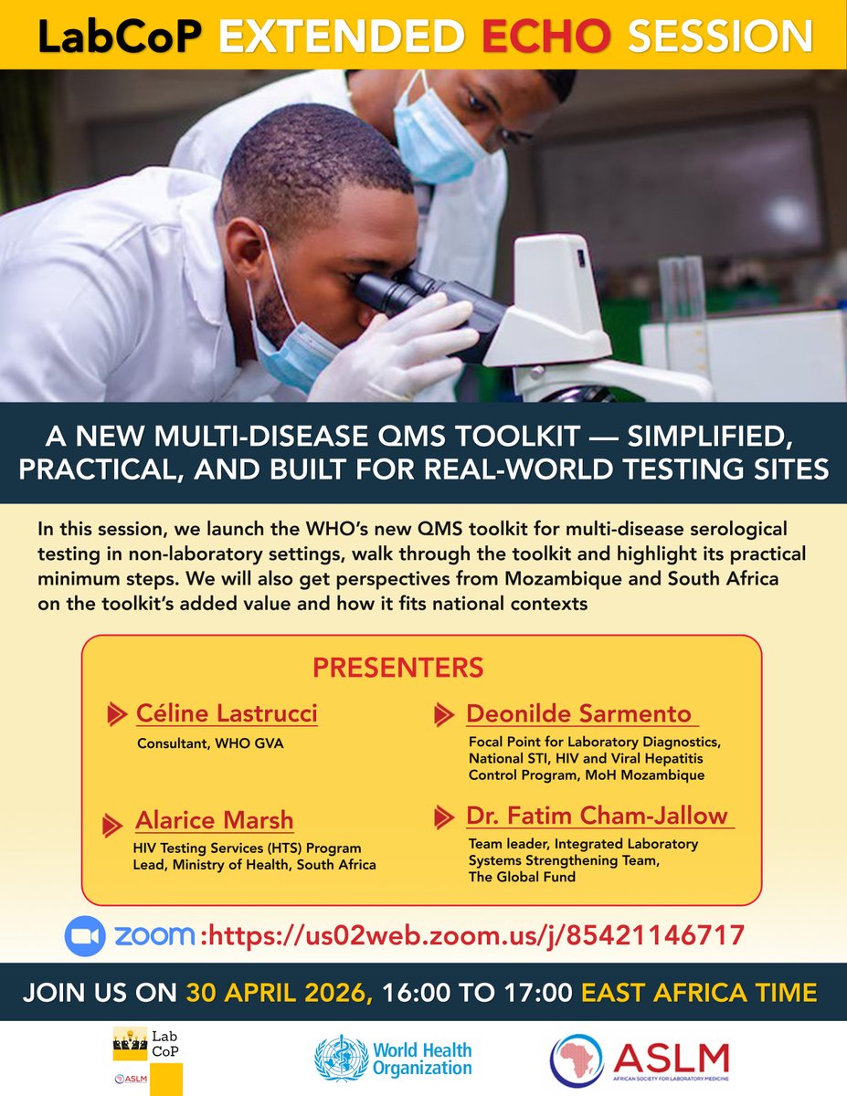 ASLM_News's tweet photo. Don't miss #LabCoP's Extended ECHO session on 30 April! In this session, we launch the WHO’s new QMS toolkit for multi-disease serological testing in non-laboratory settings, walk through the toolkit, and highlight its practical minimum steps. We will also get perspectives from Mozambique and South Africa on the toolkit’s added value and how it fits national contexts. Register at https://t.co/GHLq8302cD
