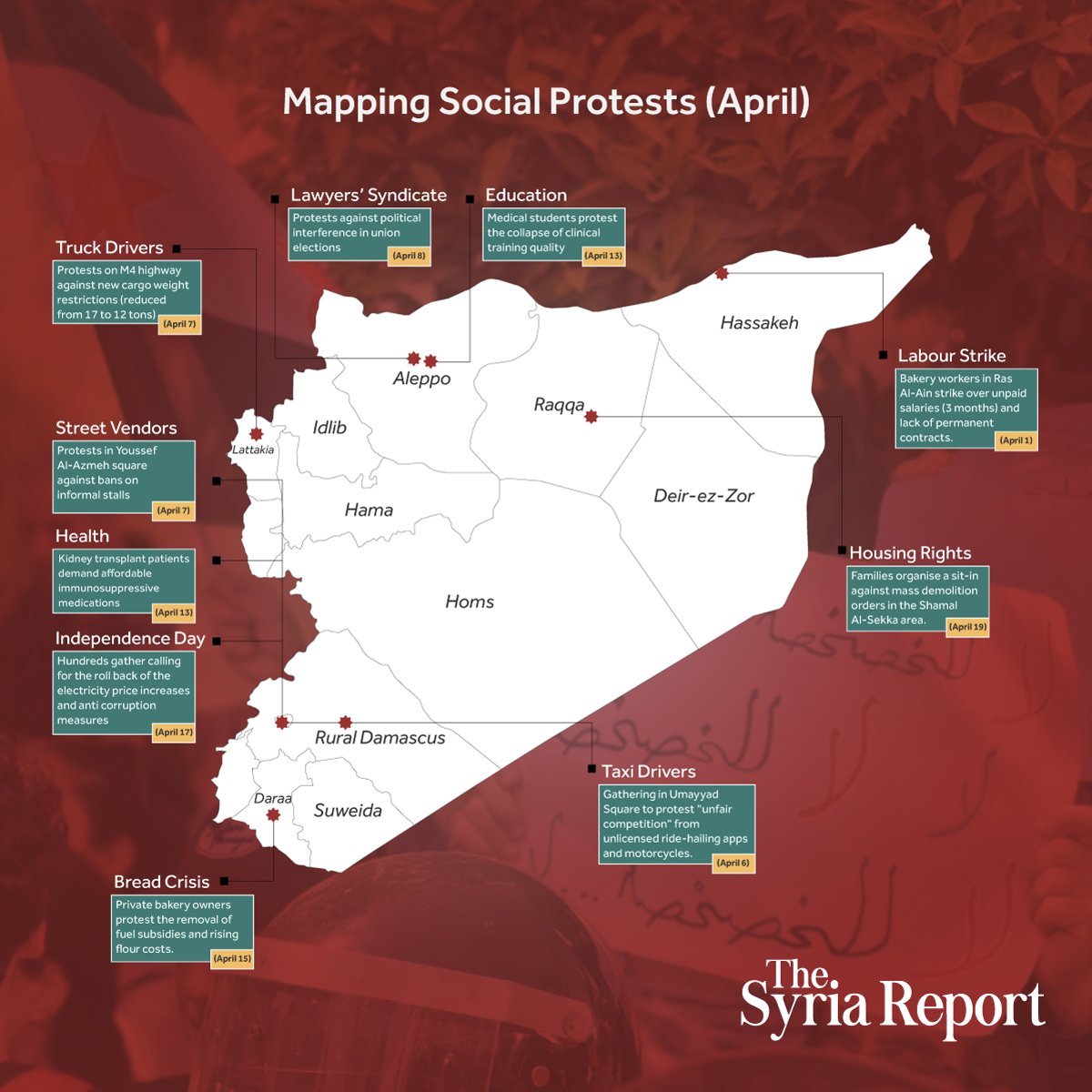 jihadyazigi's tweet image. Syria has seen a growing number of protests across the country, mostly on socio-economic issues. Here our mapping of protests in the month of April alone. @TheSyriaReport