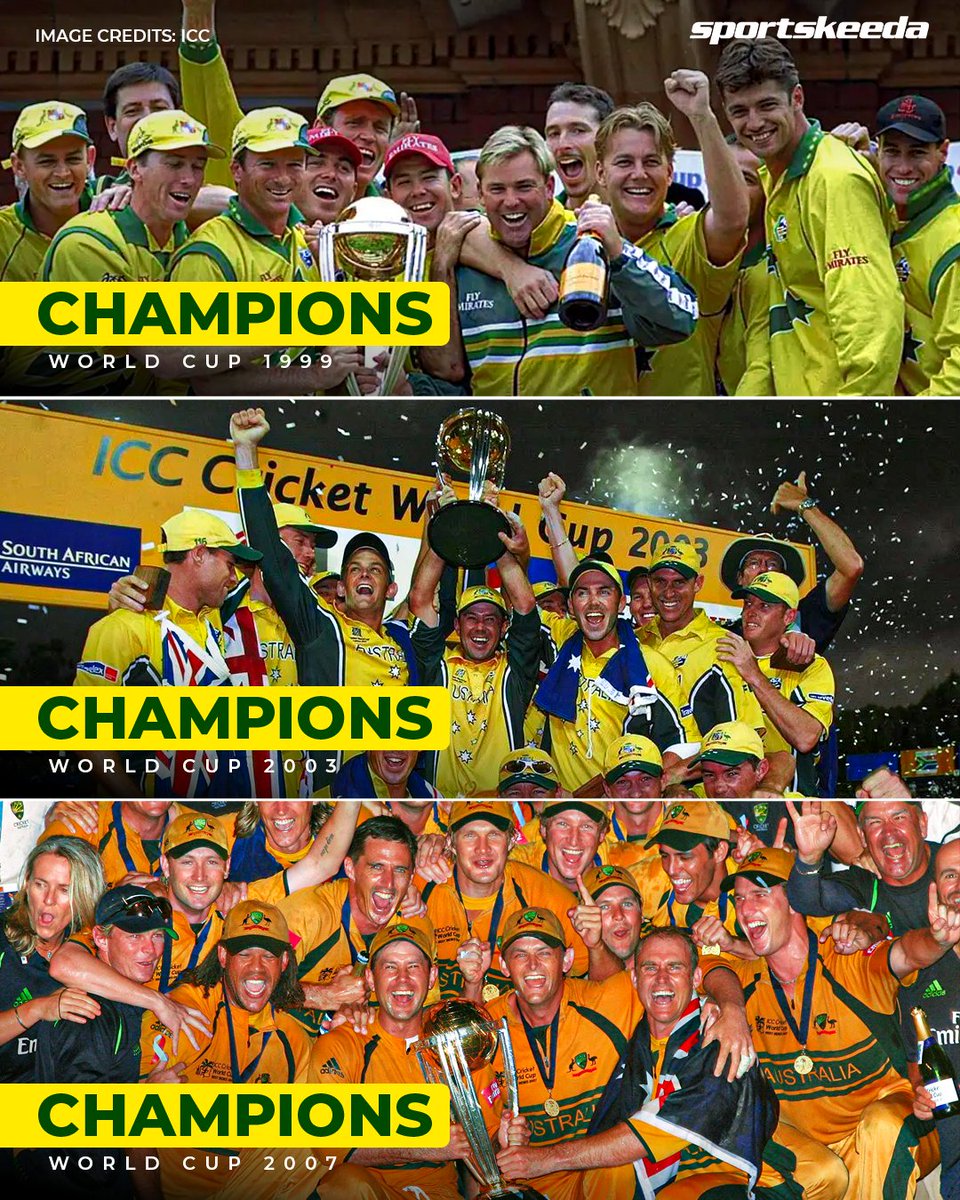 Sportskeeda's tweet image. On this day, Australia national cricket team completed a historic three-peat 🏆🏆🏆

World Champions in 1999, 2003, and 2007 — a golden era of dominance that defined greatness 💛

#Cricket #WorldCup #Sportskeeda