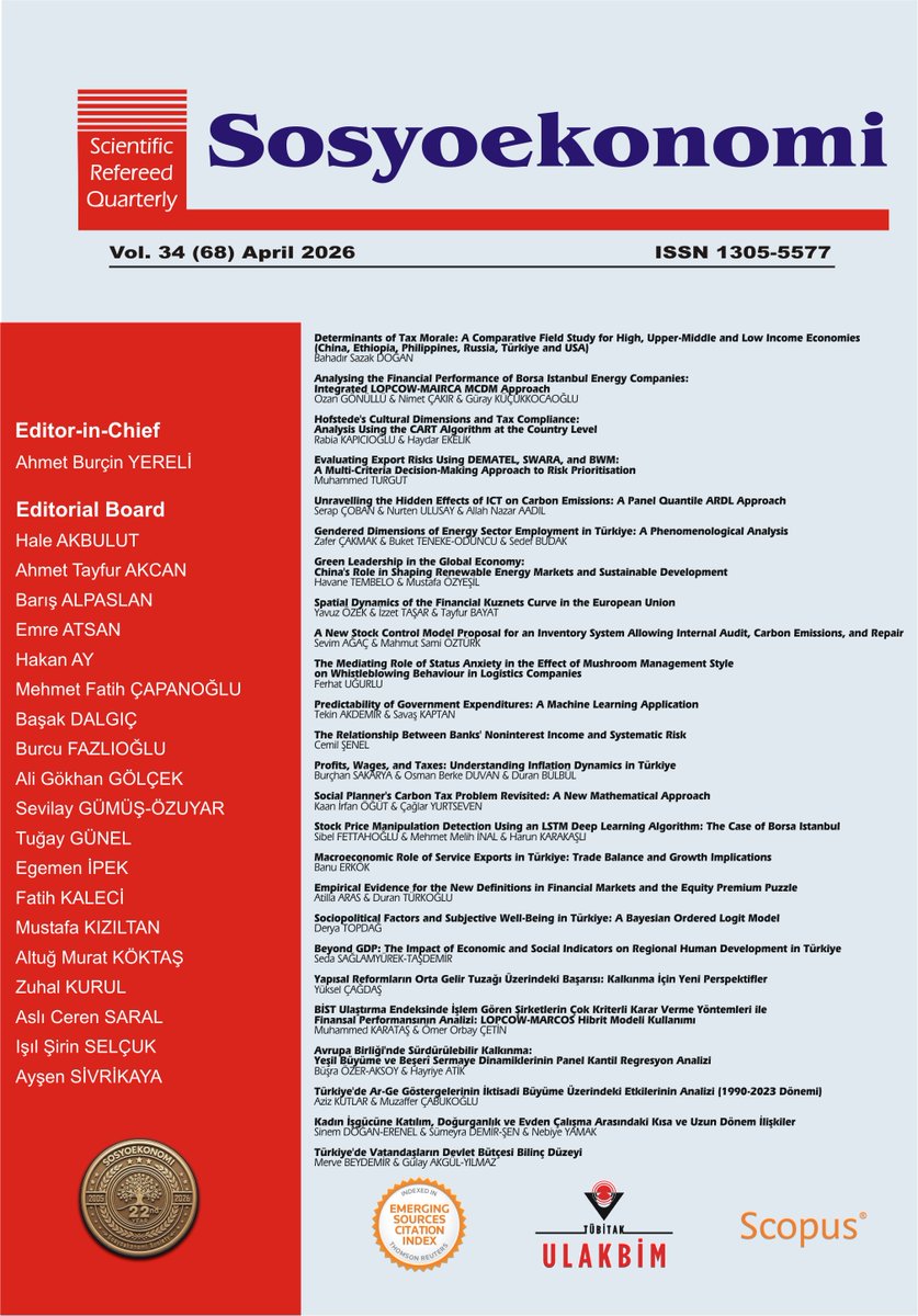 📢 Sosyoekonomi Journal Vol. 34, Issue 68 (2026) is out!  

Explore fresh academic insights on: 🌱 #Green_growth &amp; #energy 🤖 AI in #finance 📊 #Macroeconomics &amp; #tax 🤝 #Social_sustainability
Read the latest interdisciplinary research now! 🌍📚 

🔗dergipark.org.tr/tr/pub/sosyoek…