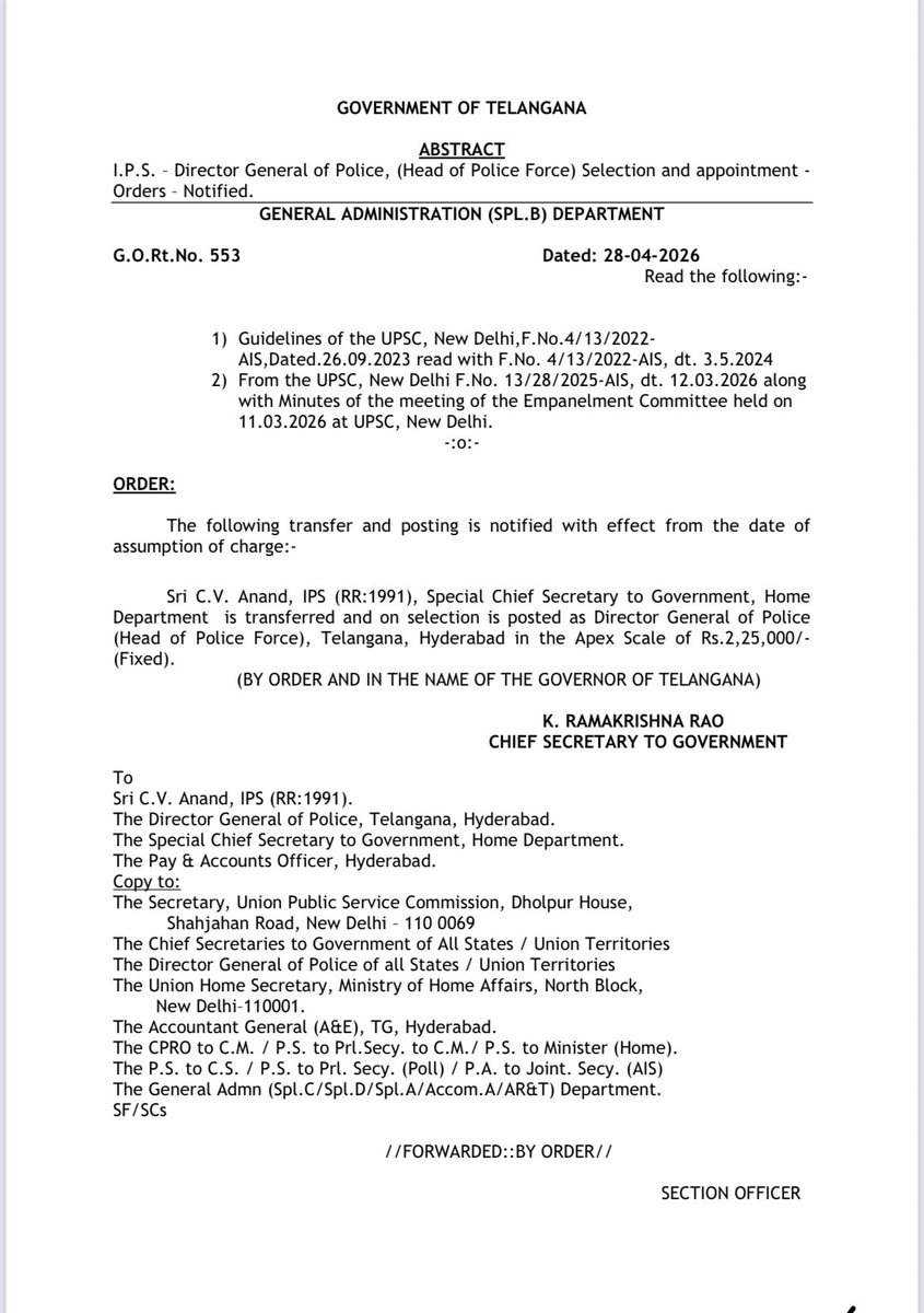 HiHyderabad's tweet image. Sri C.V. Anand IPS (1991) Appointed As New DGP (Head of Police Force) of  #Telangana. 

Congratulations @CVAnandIPS Sir 💐

@TelanganaDGP @TelanganaCOPs
