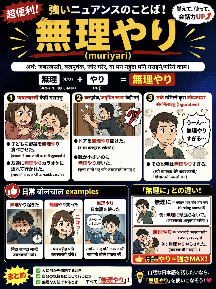 momentHira's tweet image. 無理やり　#japanese #日本語　#Jlpt N3
