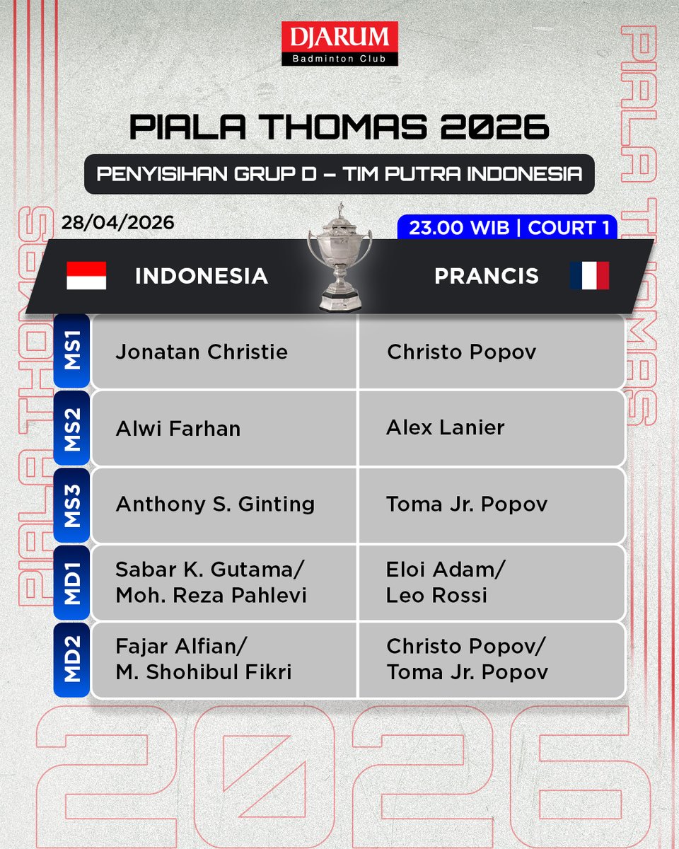 PBDjarum's tweet image. Berikut line up tim Thomas Indonesia melawan tim Prancis di hari terakhir babak penyisihan Grup D Piala Thomas 2026 tengah malam nanti yah, Sobat! Pertandingan pertama mulai Pk 23.00 WIB, live di Vidio.

Doa yang terbaik untuk semuanya! 🙏

#TUC2026 #tournament