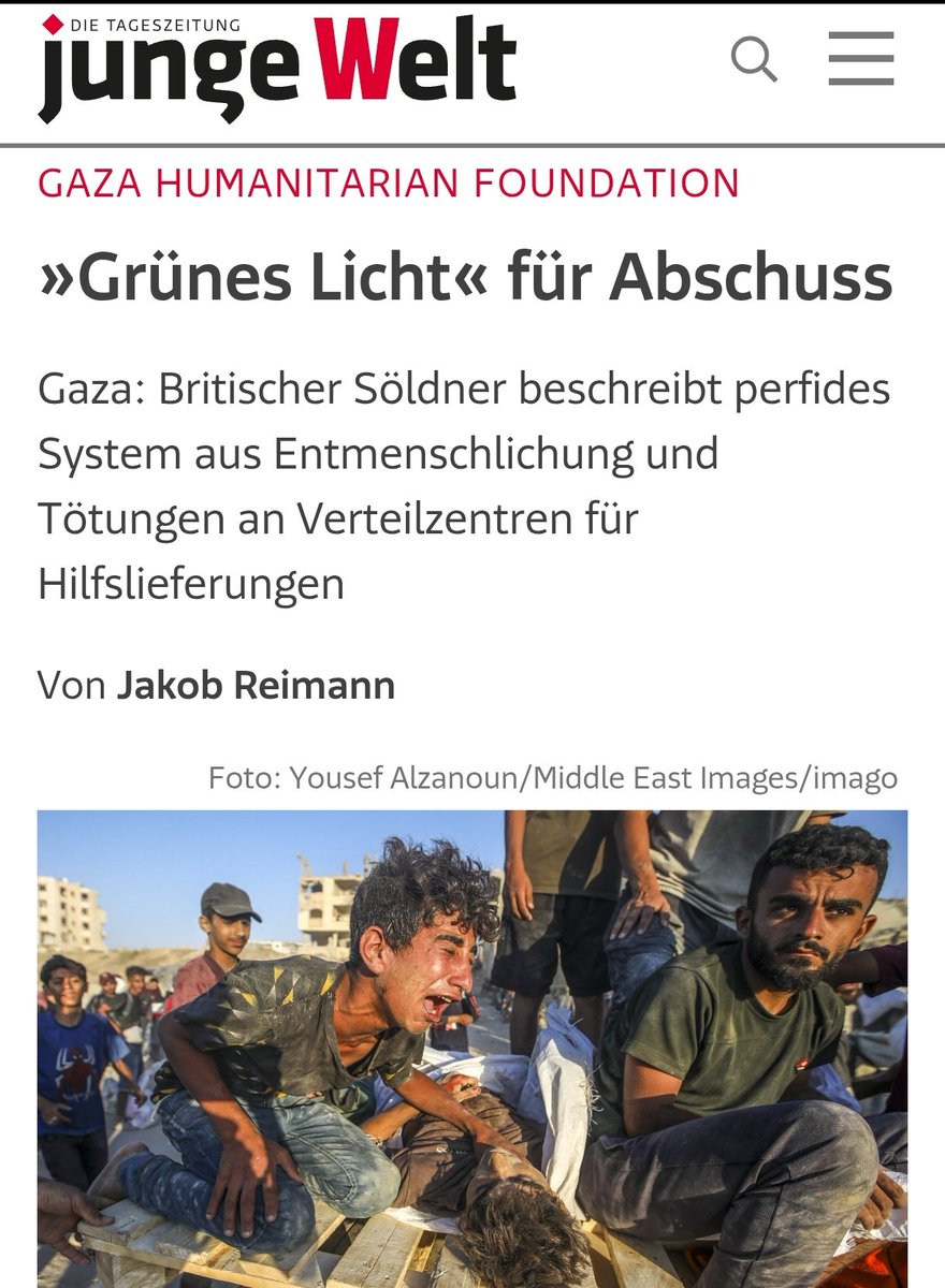 Jakob_Reimann's tweet photo. Wie beim »Squid Game« gab es an den Verteilzentren in #Gaza Phasen von rotem und grünem Licht: Doch gefeuert hat #Israel ohnehin die ganze Zeit, auch auf die 🇺🇸GHF-Söldner.

»Das ist einfach krank«, sagt ein 🇬🇧Elitesoldat, der dabei war.

Mein Artikel heute in @jungewelt 🔗👇 https://t.co/2vSEqpkoez