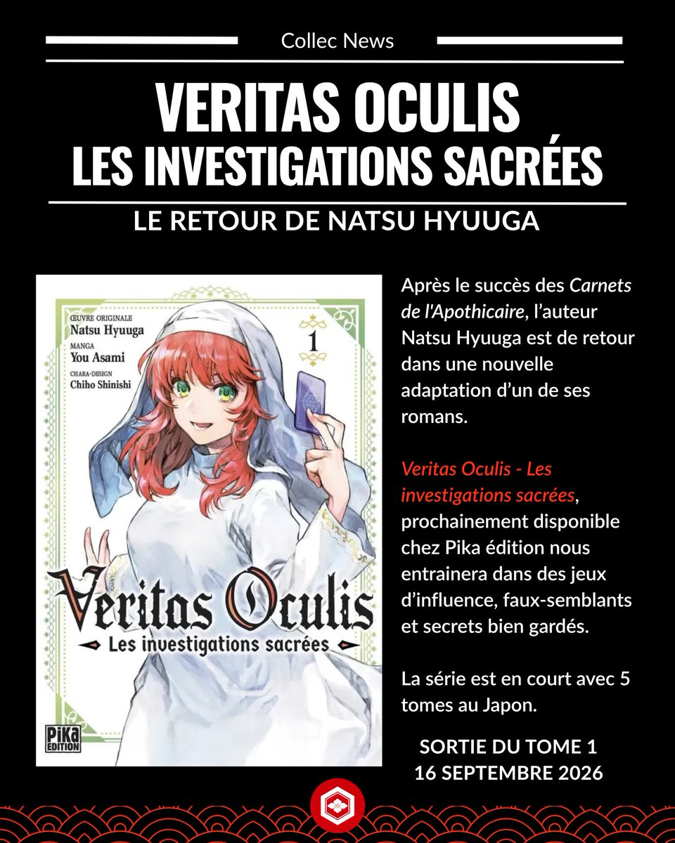 Mangacollec's tweet photo. đ Lâauteur des Carnets de lâApothicaire est de retour !
DĂ©couvre « Veritas Oculis â Les investigations sacrĂ©es », une enquĂȘte haletante autour dâun meurtre, Ă la rentrĂ©e chez @pikaedition ! đâš
PrĂȘt·e Ă plonger dans le mystĂšre ?
#Mangaaddict #Manga #Pikaeditions #EnquĂȘte #VeritasOculis