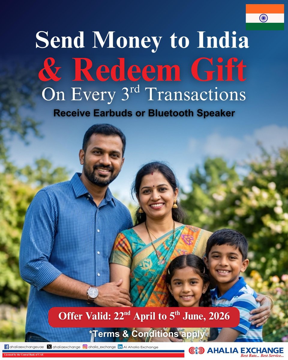 ExchangeAh43705's tweet image. Support your loved ones in India—and enjoy a special gift on every third transaction. 📷
📷 Offer valid from 22nd April to 5th June 2026
Visit your nearest branch today and start receiving Earbuds or Bluetooth Speaker!
T&amp;amp;Cs apply
#SendMoneytoIndia #IndiaTransfers #MoneyTransfer