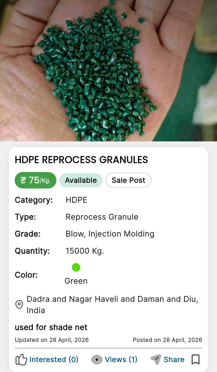 plastic4trade's tweet photo. HDPE REPROCESS GRANULES
More Details Visit: https://t.co/n5hyLKEeFG
#hdpe #reprocess #granules #plasticmarketplace #plastic4trade https://t.co/MqU3UGVH1H