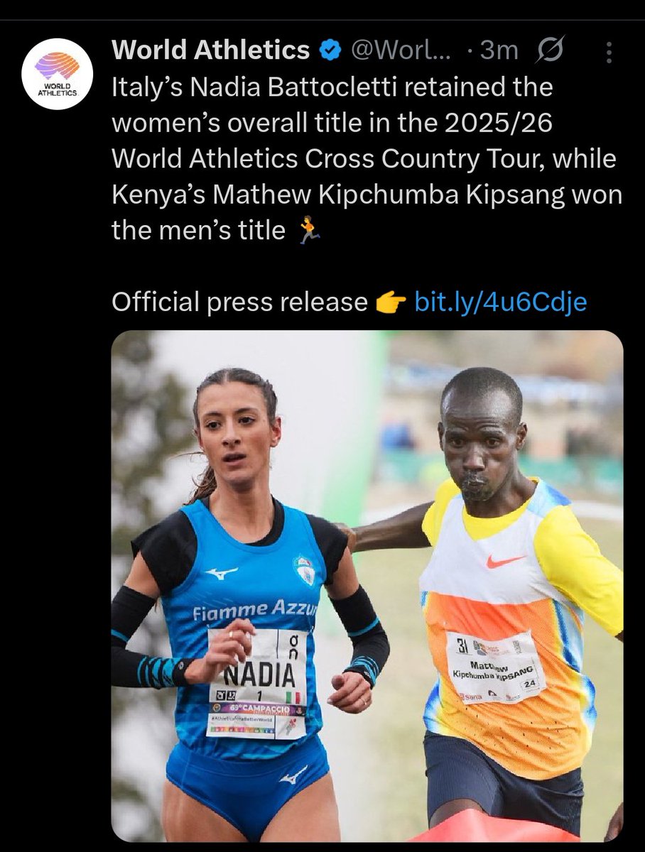 mukua_karimi's tweet image. Kenya's Mathew Kipsang wins the 2025/2026 WA XC Tour overall title while Italy's Nadia Battocletti retained the women's title. Congratulations 👏👏👏 

📸; @WorldAthletics

#crosscountry #running #Athleticskenya