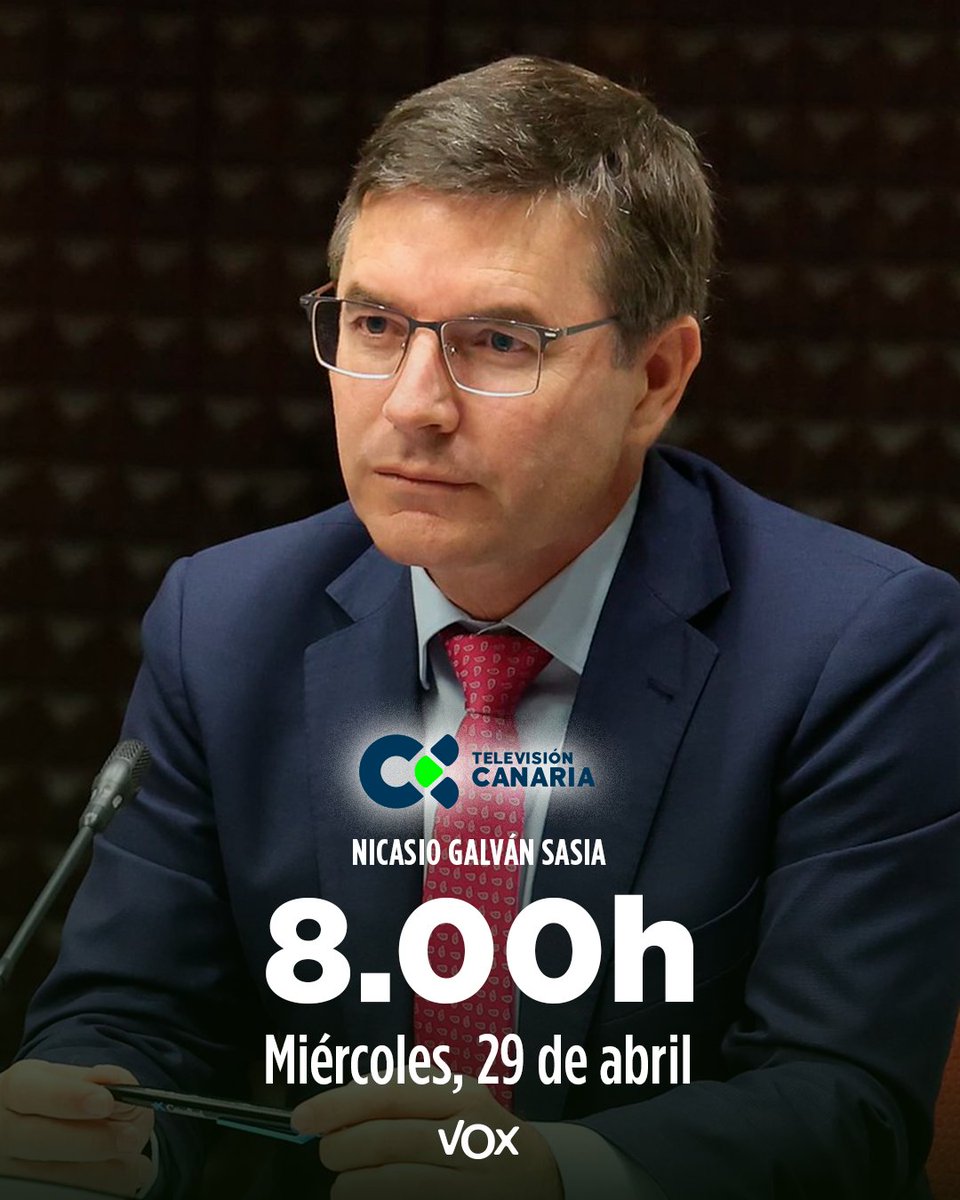 📺 ENTREVISTA

El portavoz del Grupo Parlamentario VOX Canarias, <a href="/Niky_Galvan/">Nicasio Galván Sasia</a>, será entrevistado mañana, miércoles 29 de abril, en el informativo de <a href="/RTVCes/">RTVC</a> 

⚡ No te lo pierdas.