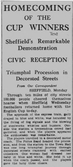 Dunsbyowl's tweet image. Now that's what I call a Civic Reception!  #OnThis Day in 1935  - as over 100,000 people packed the streets of Sheffield to welcome Ronnie Starling &amp;amp; the amazing Wednesday FA Cup winners who brought the FACup home. #SWFC 

britishpathe.com/video/sheffiel…