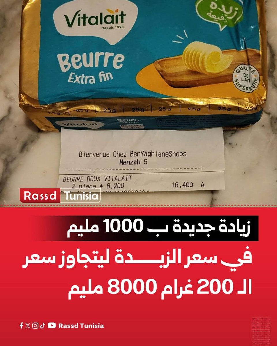 Rassd_tn's tweet image. #صورة_اليوم زيادة جديدة ب 1000 مليم في سعر الزبدة ليتجاوز سعر ال 200 غرام 8000 مليم

#Tunisia #Tunisie #تونس