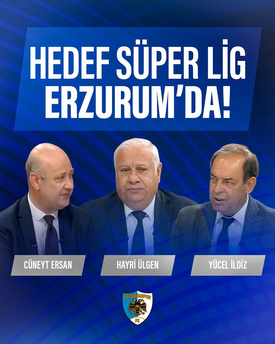 Erzurumspor's tweet photo. Süper Lig'e yükselen Erzurumspor Futbol Kulübümüzün Başkanı Ahmet Dal, teknik direktörümüz Serkan Özbalta ve mavi beyazlı futbolcularımız saat 16.30’da TRT SPOR’da yayınlanan Hedef Süper Lig programına konuk olacak.
Cüneyt Ersan’ın sunduğu programa Hayri Ülgen ve Yücel İldiz yorumlarıyla eşlik ediyor.
