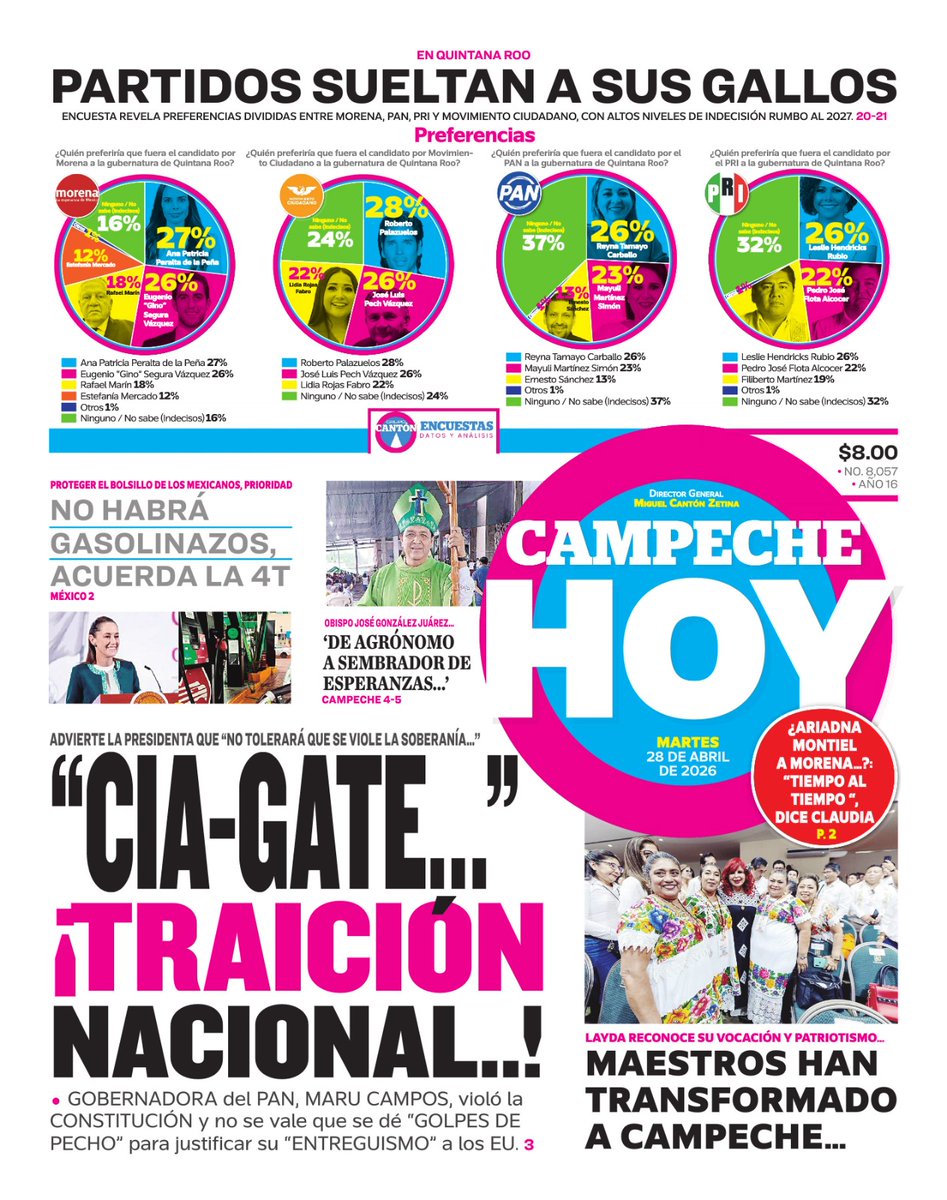 CampecheHOYmx's tweet image. #PortadaCH📰 | Buenos días a todos nuestros lectores ☀️

#FelizLunes 

➡️ Partidos sueltan a sus gallos.

➡️ No habrá gasolinazos, acuerda la 4T.

campechehoy.mx