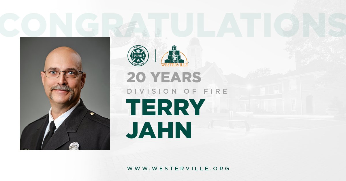 WestervilleFire's tweet photo. Congratulations to Firefighter Terry Jahn who is celebrating his 20th work anniversary with the Westerville Division of Fire. We are grateful for his long-term service to the Westerville and Blendon Township communities. https://t.co/B6FloNvuQ3