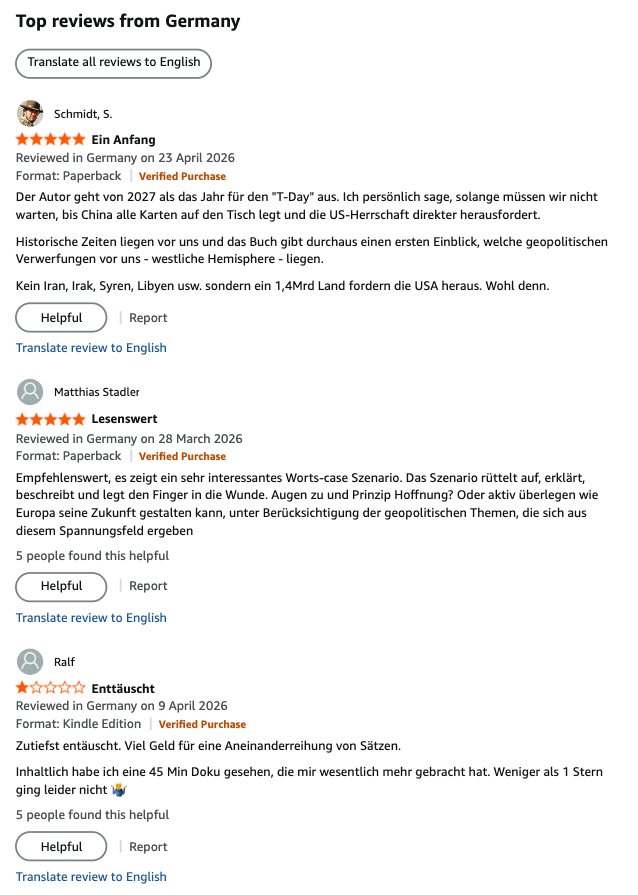 AMFChina's tweet image. Ein Buch, das zum Widerspruch einlädt — und auch Einwände bekommt. Hier sind die bisherigen Amazon-Rezensionen, sowohl sehr positive Besprechungen als auch kritische Kommentare. Was denken Sie? #WennChinaAngreift #Taiwan #Geopolitik