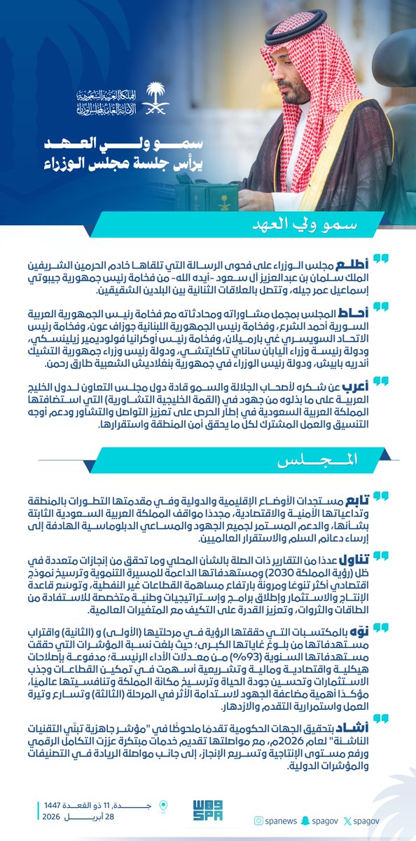 سمو #ولي_العهد يرأس جلسة #مجلس_الوزراء.
#واس