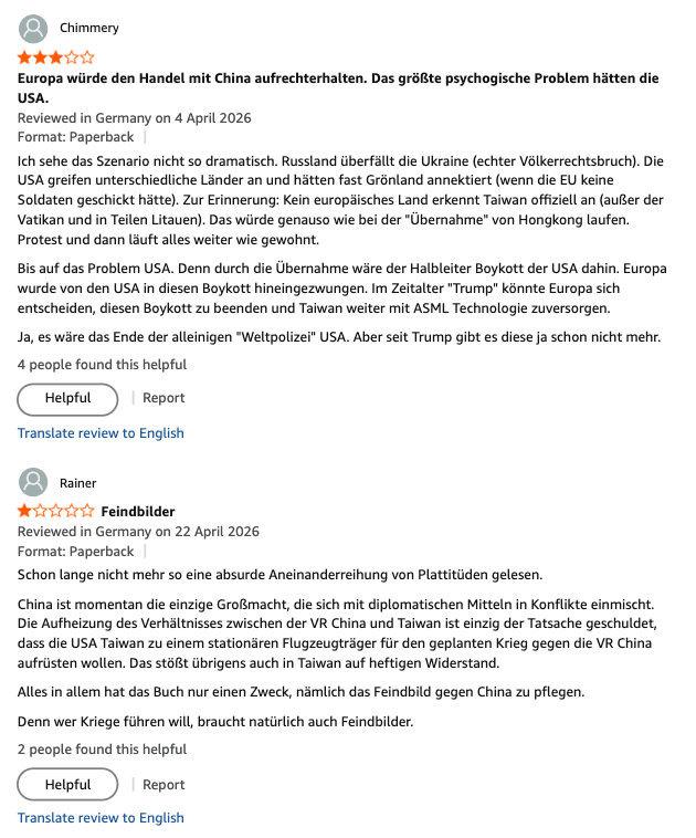 AMFChina's tweet image. Ein Buch, das zum Widerspruch einlädt — und auch Einwände bekommt. Hier sind die bisherigen Amazon-Rezensionen, sowohl sehr positive Besprechungen als auch kritische Kommentare. Was denken Sie? #WennChinaAngreift #Taiwan #Geopolitik