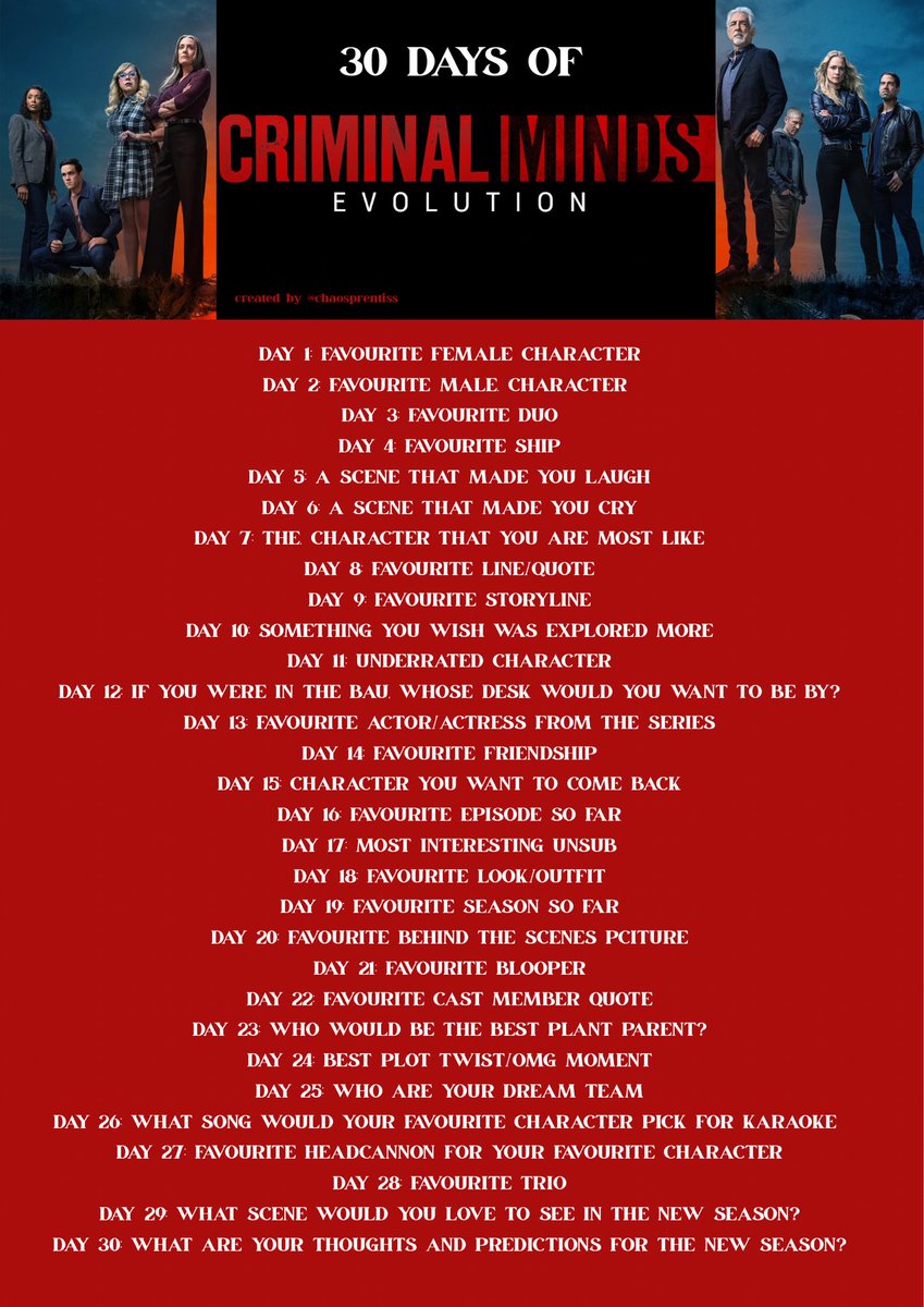 chaosprentiss's tweet photo. 🚨CALLING ALL CRIMINAL MINDS FANS🚨
Since we’re 30 days out from the new criminal minds: evolution season I thought it’d be fun to create a little 30 day challenge!! No rules or anything, you don’t have to do everyday just have fun and enjoy🙂↕️ https://t.co/rtbM4ZykRu