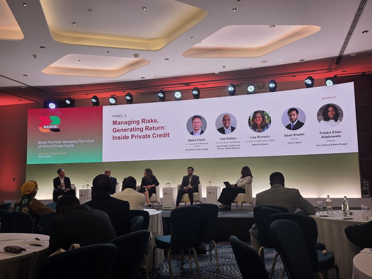 InvFundsLawyer's tweet photo. Fast approaching the end of a solid day 1 of the @AVCA_Africa Conference 2026. #NowOn Panel 3 of 3 for the day - Managing Risks, Generating Return: Inside Private Credit. #AVCAConference2026 https://t.co/3IT9V7LmjL