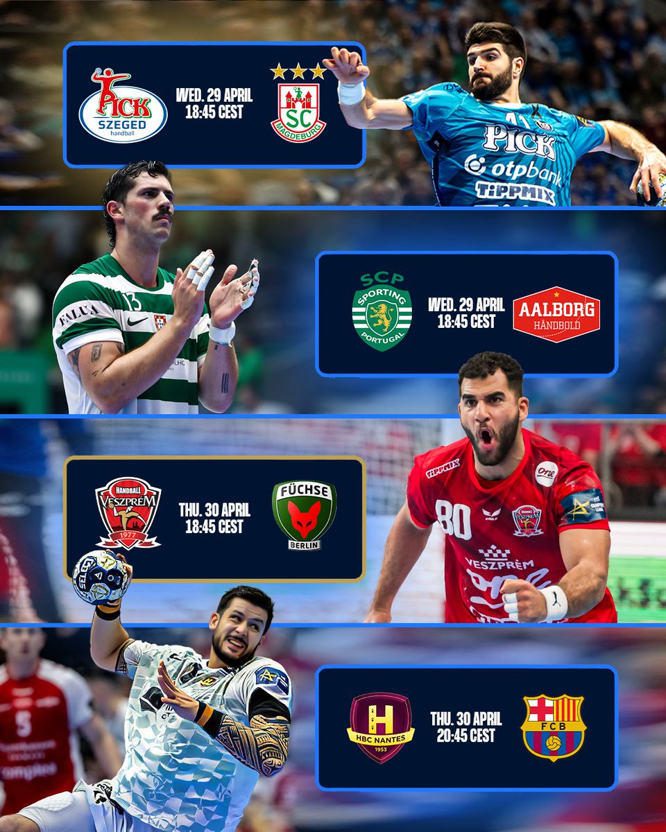 🔥 QF 1st leg 

🇵🇹 Sporting Clube de Portugal 🆚 Aalborg Håndbold 🇩🇰
🇭🇺 OTP Bank - PICK Szeged 🆚 SC Magdeburg 🇩🇪
🇭🇺 One Veszprém HC 🆚 Füchse Berlin 🇩🇪
🇫🇷 HBC Nantes 🆚 Barça 🇪🇸

Preview here: eurohandball.com/en/news/en/roa…

Who strikes first? 👀 #ehfcl #CLM #handball