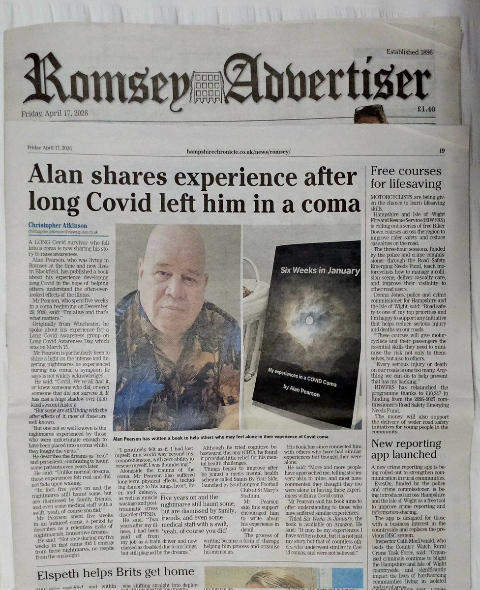 Aphlred's tweet photo. Me and my book have made it into the local paper,of where I no longer live. And it was Covid that left me in a coma then with Long Covid. https://t.co/TKhP4oSHh8