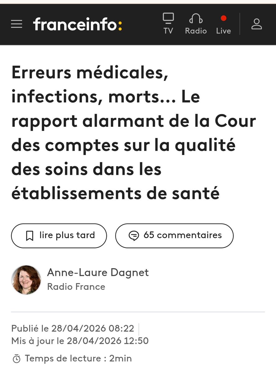 Marc Lévy, Patrick Cohen, Michel Cymès, Olivier Veran, qui font la promo de l'ARNm, vous les entendez sur ça ?
👉Erreurs médicales nombreuses, effets indésirables ..
👉4.000 morts par an pour les infections nosocomiales (contactées à l'hôpital), +que les accidents de la route !