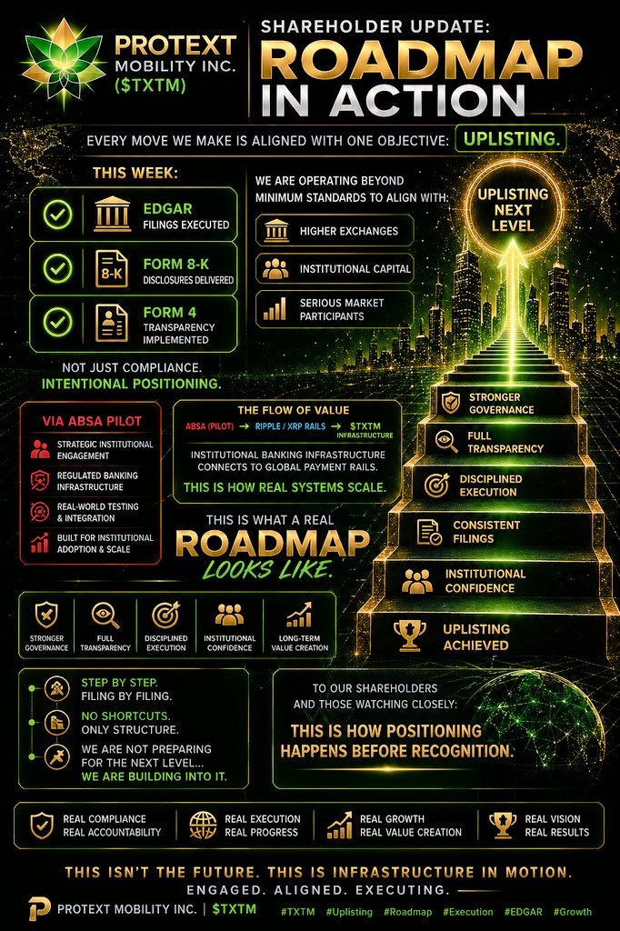 PROTEXT MOBILITY INC. $TXTM 

SHAREHOLDER UPDATE: ROADMAP IN ACTION

Every move we make is aligned with ONE objective: UPLISTING.

This week wasn’t noise — it was STRUCTURE being built in real time:

✅ EDGAR FILINGS EXECUTED
✅ FORM 8-K DISCLOSURES DELIVERED
✅ FORM 4