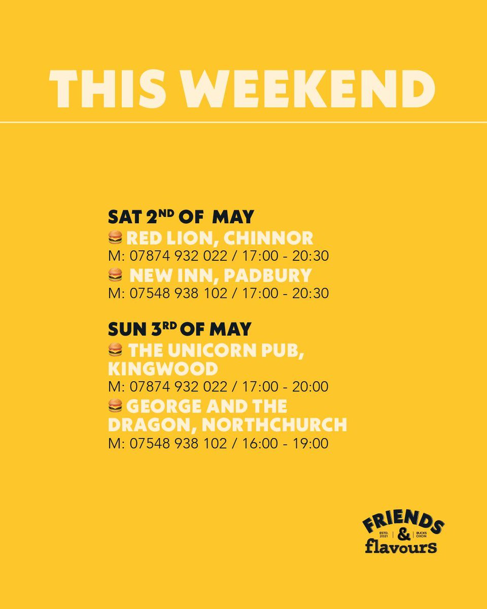 burgeratfriends's tweet image. We relish these last days of April… and you should too! 😎 🔥 🍔 🥓 🍔 🚚 🚚 
Come grab something saucy! 😋 🔥 🍔 🐓 

#burgeratfriends #friendsandflavours #burgers #locations #weeklyupdate #burgerweekly #burgersweekly #locationupdate