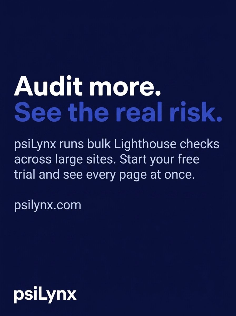 InfoPsilynx's tweet photo. One page test hides everything that matters. When Core Web Vitals slip, auditing more URLs shows the real risks. psiLynx runs bulk Lighthouse checks so you catch regressions before users do. Stop guessing. Start knowing. Try psiLynx free today. https://t.co/lEhQq3S7Mw
