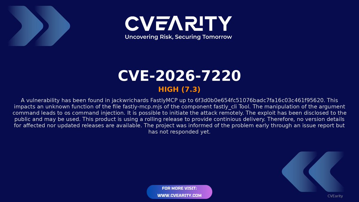 CVEarity's tweet image. ⚡ New CVE Alert: CVE-2026-7220
📊 Severity: 7.3
🚨 Risk Level: High
🧩 Affects: Multiple / Unspecified Products

Reference: nvd.nist.gov/vuln/detail/CV…

#CVE-2026-7220 #CVE #High  #CyberSecurity #InfoSec