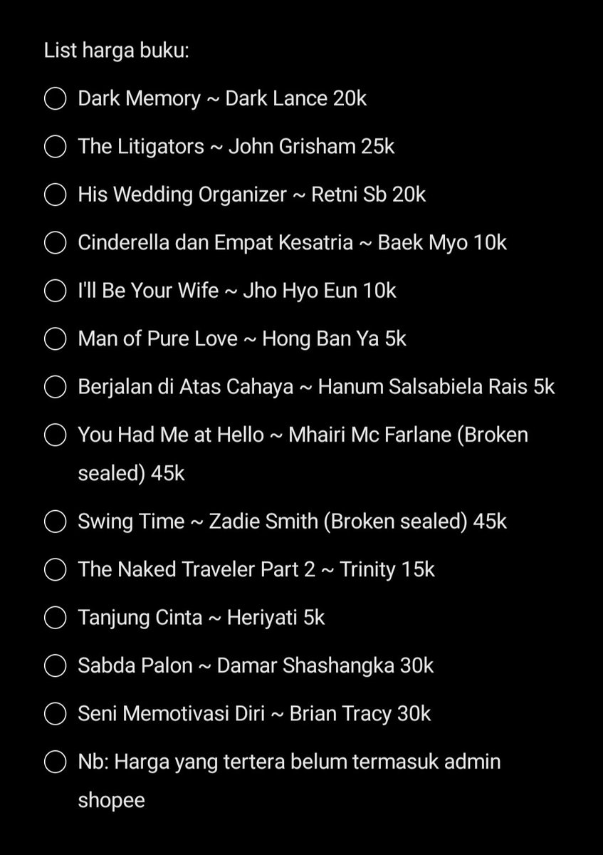 Ariiifds_'s tweet image. Buku 14
"Tere Liye, John Grisham, Stephen King, dll"

Nb: Harga yang tertera belum termasuk admin Shopee
tag: #wts #wtb #buku #novel #preloved #zonajajan #zonauang