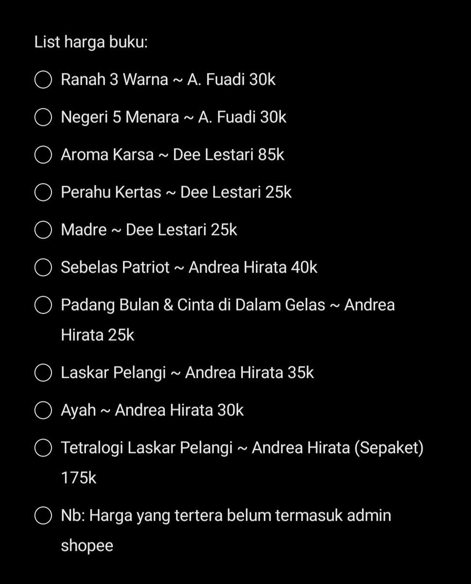 Ariiifds_'s tweet image. Buku 15
"Andrea Hirata, Dee Lestari, Ilana Tan, dll"

Nb: Harga yang tertera belum termasuk admin Shopee
tag: #wts #wtb #buku #novel #preloved #zonajajan #zonauang