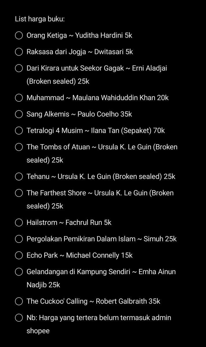 Ariiifds_'s tweet image. Buku 15
"Andrea Hirata, Dee Lestari, Ilana Tan, dll"

Nb: Harga yang tertera belum termasuk admin Shopee
tag: #wts #wtb #buku #novel #preloved #zonajajan #zonauang