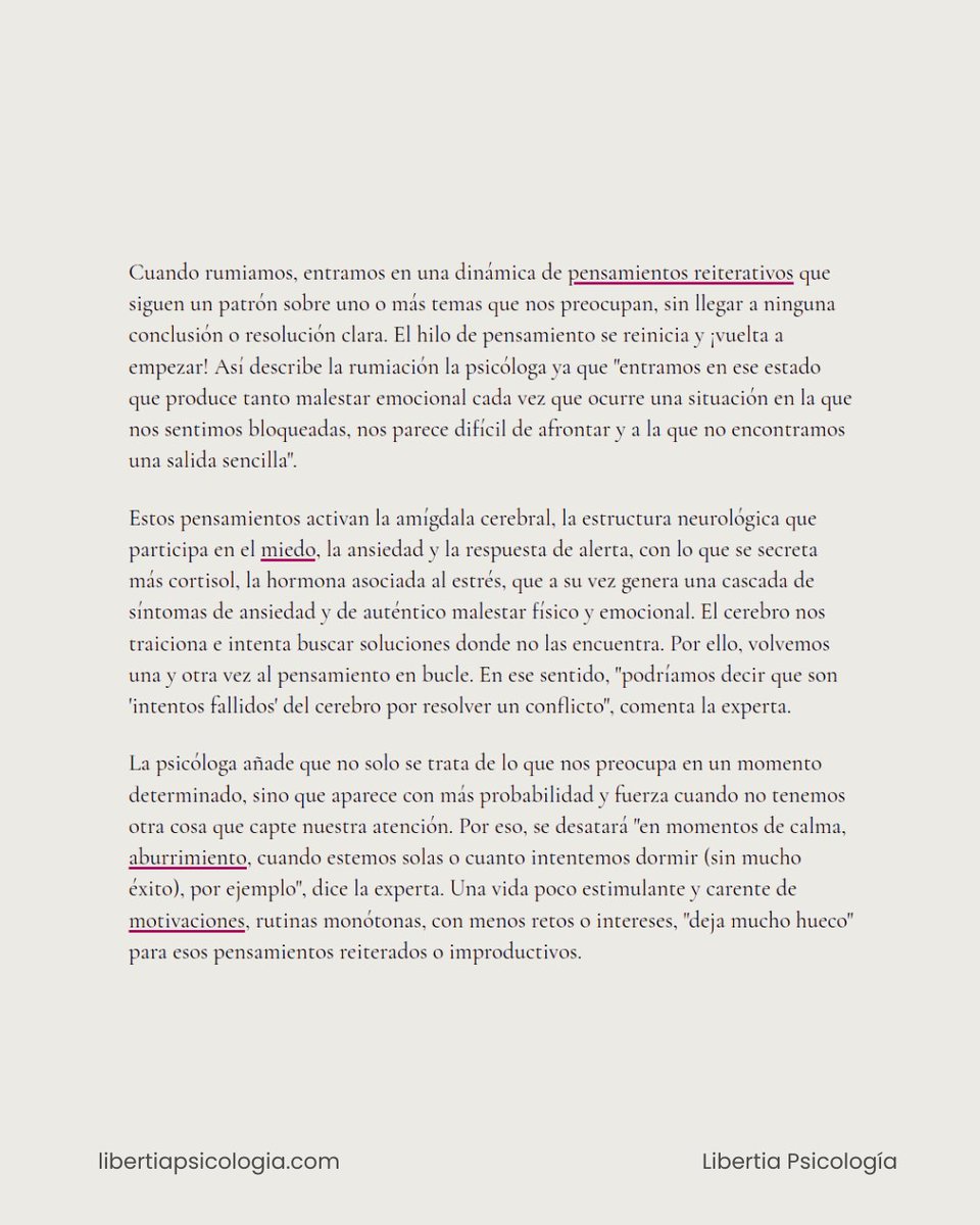 LibertiaPsico's tweet photo. ✨ Nos hace muchísima ilusión compartir esta colaboración con @Telva.

Nuestra directora y psicóloga @IreneFPinto habla sobre la rumiación: esos pensamientos en bucle que aparecen cuando algo nos preocupa.

👉 Lee el artículo completo aquí:
https://t.co/uaY6F9fISC https://t.co/j907sWtIQ3