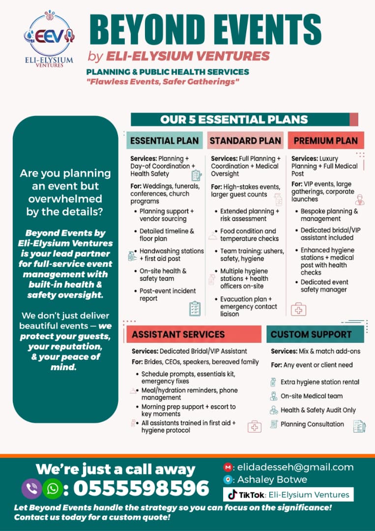 elidad_esseh's tweet image. OUR EVENT PLANNING AND COORDINATION PACKAGES. Contact ELI-ELYSIUM VENTURES on 0555598596.
We offer event planning, coordination, bridal/VIP assistance, ushering, cleaning, training and consultancy, and health services.
#eventplanner #eventcoordinator #ushering #cleaning