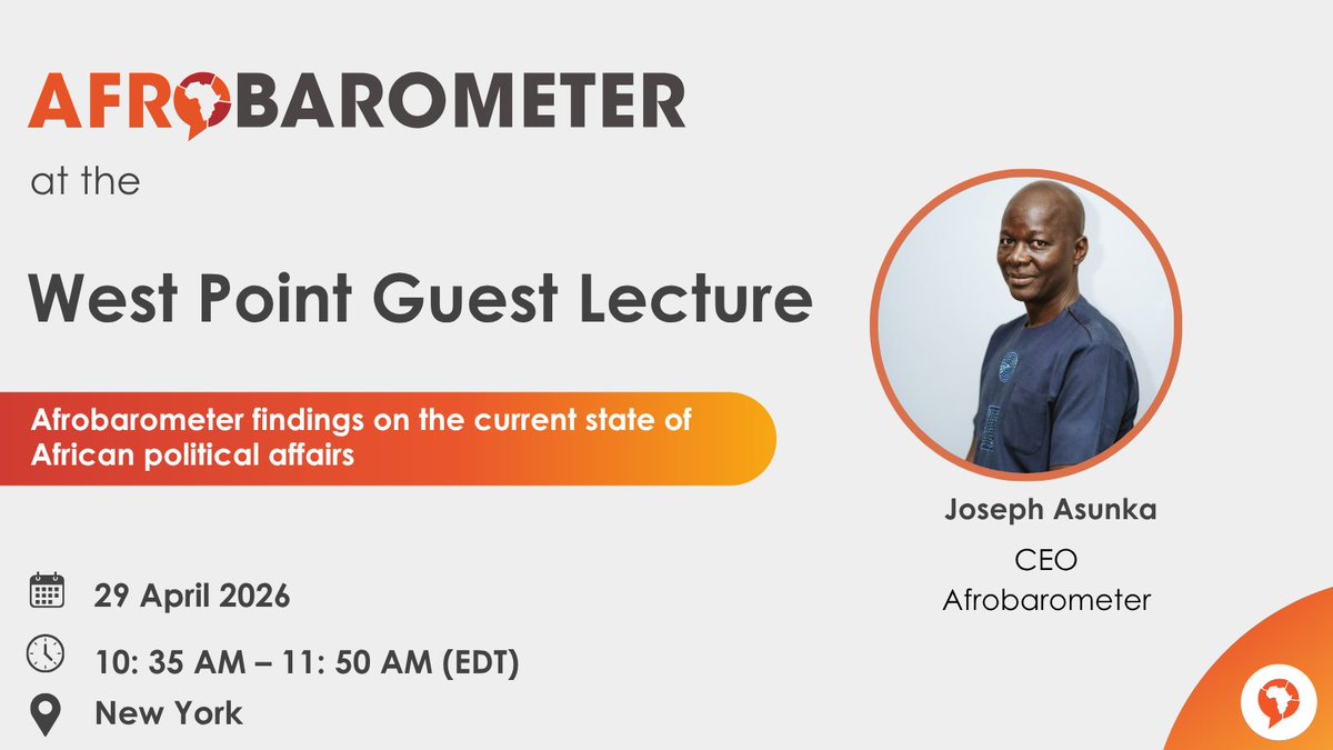 afrobarometer's tweet image. Our CEO Joseph Asunka (@joeasunka) will deliver a guest lecture at West Point (@WestPoint_USMA), sharing Afrobarometer findings on the current state of African political affairs.

Stay tuned for more updates.

#VoicesAfrica  #Governance #Democracy