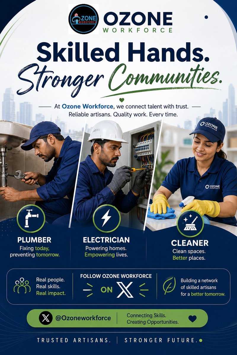 ozoneworkforce's tweet photo. Reliable hands. Skilled minds. Trusted service.

Ozone Workforce connects you to vetted artisans who get it right the first time.

🔧 Plumbers | ⚡ Electricians | 🧼 Cleaners

Skill, discipline, and trust—that’s quality service. https://t.co/ZHMO9iyQDa