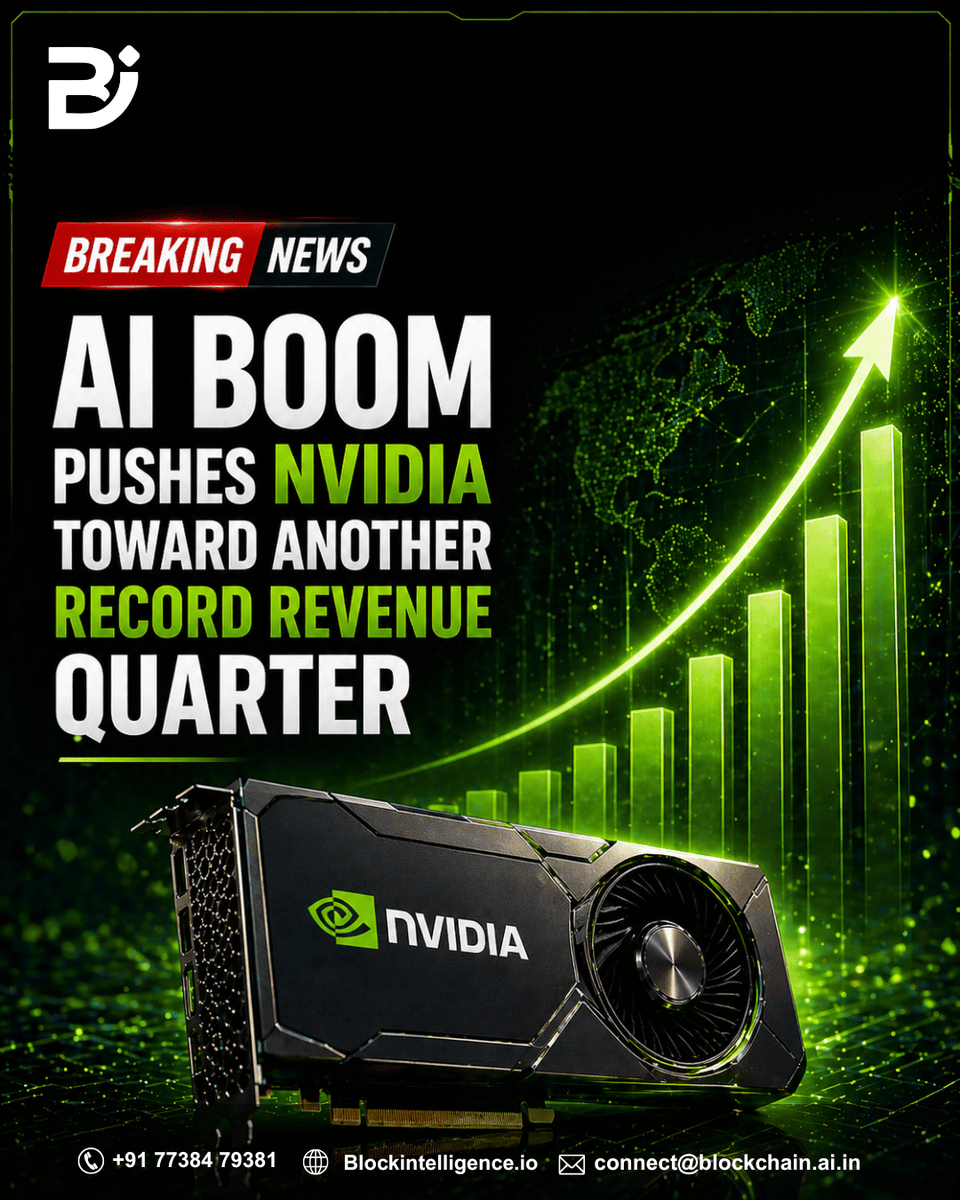 BlockchainAI_In's tweet photo. AI boom pushes NVIDIA toward another record quarter, driven by rising demand for AI infrastructure and GPUs.

A clear signal that scalable compute is shaping the future of AI and blockchain.

#AI #NVIDIA #Blockchain #Web3 #Tech https://t.co/8p1qO2j23F