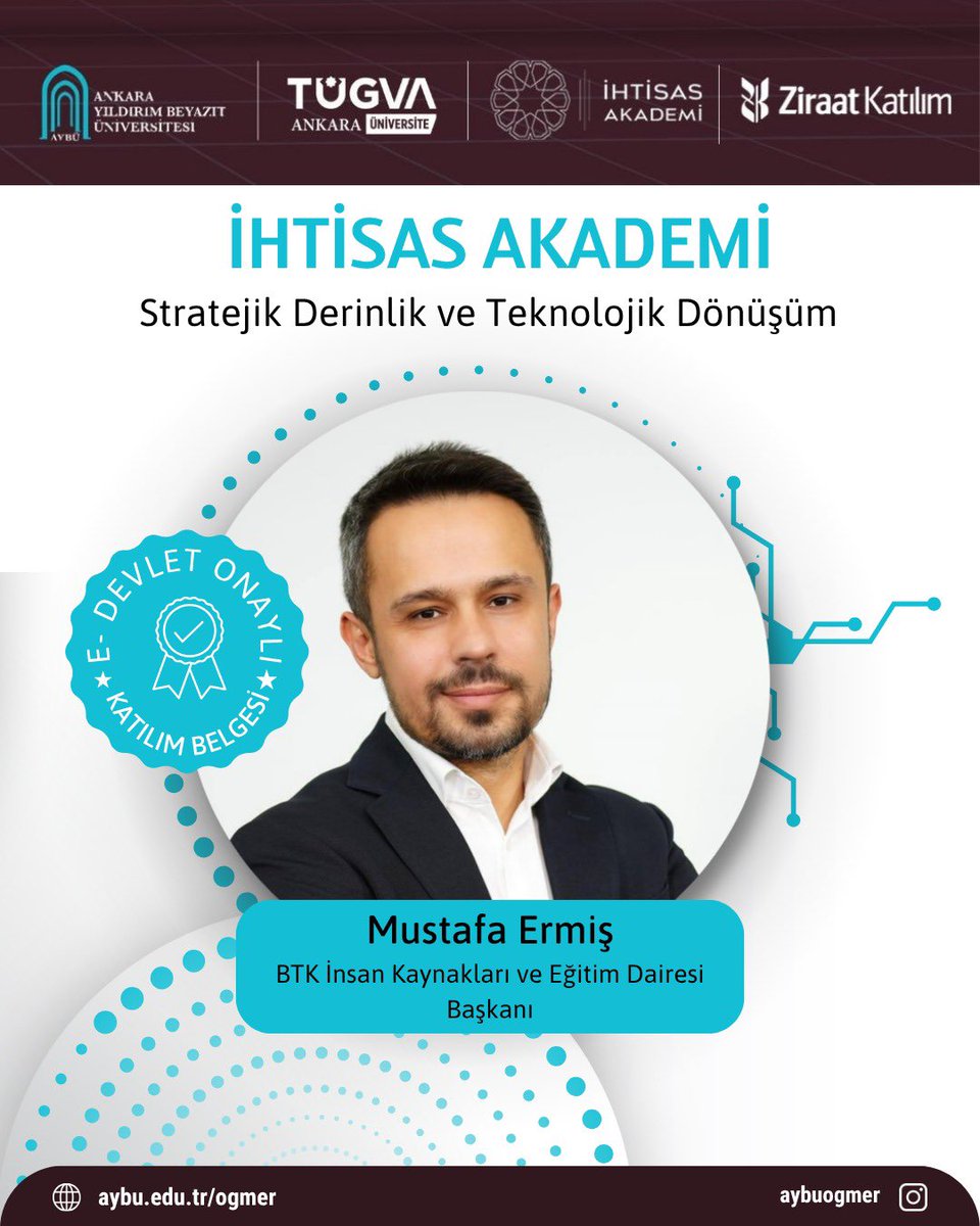 aybuogmer's tweet photo. Üniversitemiz Öğrenme ve Öğretme Merkezi ile TÜGVA iş birliğiyle düzenlenen “İhtisas Akademi 2026” kapsamında; alanında uzman isimlerle denizlerin jeopolitiğinden yapay zekânın geleceğine uzanan ufuk açıcı bir yolculuğa çıkıyoruz.

🎙️ Konuklarımız:

🔷 Dr. Mustafa BAŞKARA
Denizlerin Jeopolitik Anahtarı: Mavi Vatan ve Türkiye’nin Stratejik Vizyonu

🔷 Mustafa ERMİŞ
Teknoloji Çağında İnsan Odaklı Dönüşüm: Yeni Nesil Yetkinlikler ve Geleceği Kodlamak

📍 Yer: Etlik Milli İrade Yerleşkesi Büyük Konferans Salonu
📅 Tarih: 30.04.2026
🕜 Saat: 13.30 - 15.30

🎁 Konferansa özel çekiliş!

BTK Akademi iş birliğiyle 75 şanslı katılımcıya:

✅ Prompt Mühendisliği Eğitimi
✅ Yapay Zekâ Otomasyon Eğitimi
✅ Yapay Zekâ ile Dijital İçerik Üretimi Eğitimi

hediye edilecektir.

📌 Başvuru linki:
https://t.co/i7UwEKN1vf

@acengizkoseoglu 
@muminsen 
@ybuankara 
@Dehukamtr 
@BTKgovtr 
@BTKAkademi 
@tugvaTR 
@tugvaankara 
@tugvauniversite