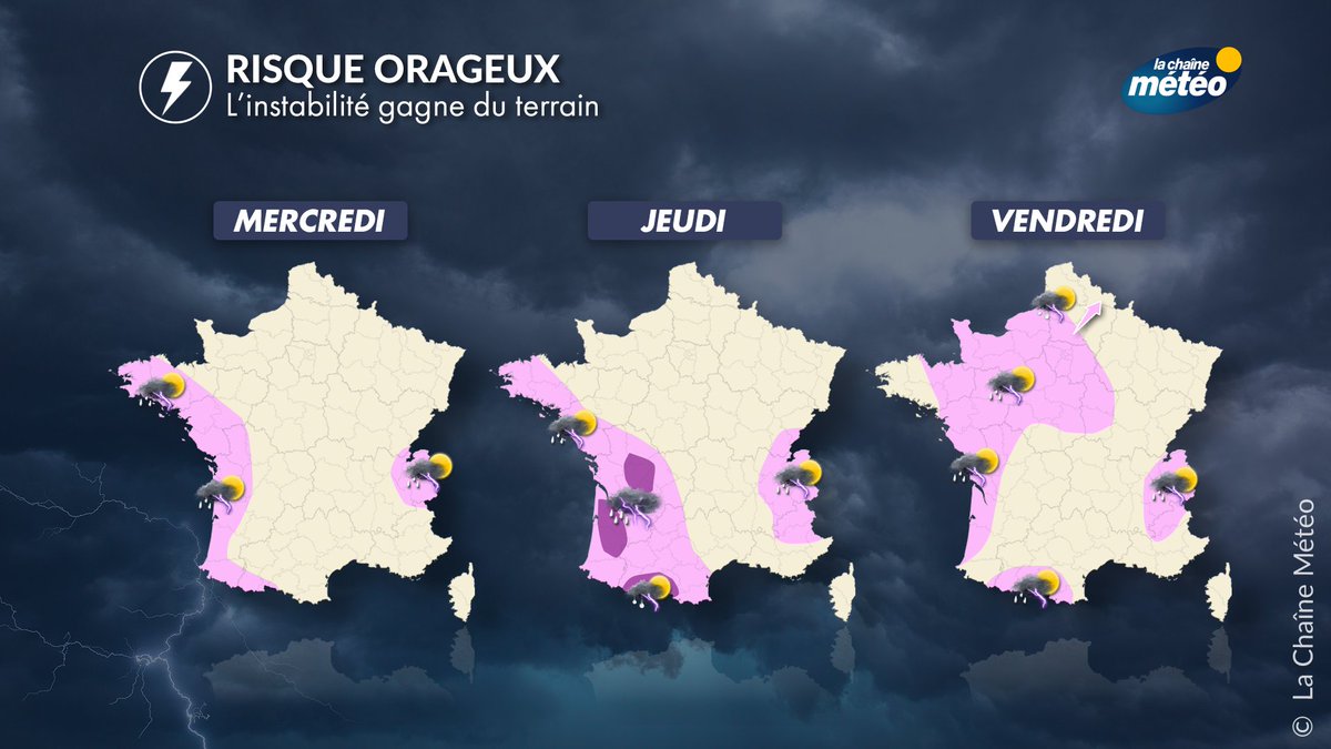 lachainemeteo's tweet image. Les #orages vont éclater tous les jours mais pas partout, loin s'en faut ! D'abord cantonnés à l'ouest ce mercredi et jeudi, ainsi qu'en montagne, ils auront tendance à gagner du terrain vers le nord et le bassin parisien pendant le #weekend du #1ermai ⛈️