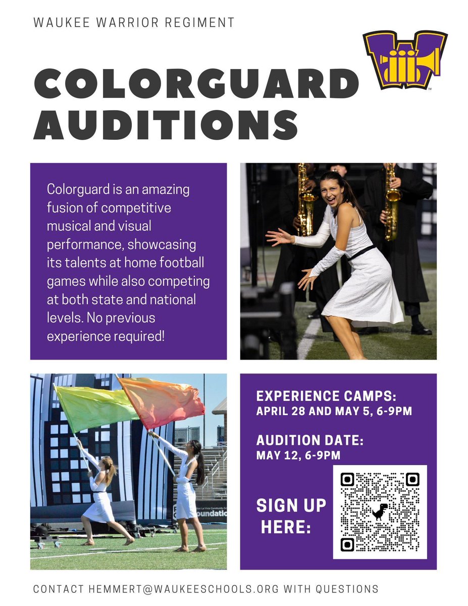TheWWR's tweet image. TONIGHT’S THE NIGHT 💥

Colorguard Experience Camp starts at 6 PM!

No experience. No pressure. Just come try it out.

We can’t wait to see you there 💜
#Colorguard #TrySomethingNew