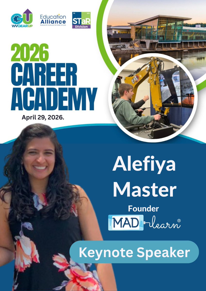 MADLearn's tweet image. Exciting news! Our founder @AlefiyaEdu is taking the stage as a keynote speaker at the @WVGEARUP Career Academy tomorrow! Looking forward to inspiring #students and #educators to think creatively, solve real-world problems, and build with purpose.
#GEARUPworks #STEM #CareerReady