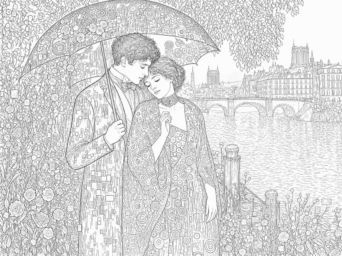 tablaGermany's tweet image. From a Fine Art line reconstruction back into a hybrid painting: Klimt-inspired ornament and rain-lit symbolism shape a Seine lovers’ walk, with the locked composition balancing intimate figures, gilded pattern, floral density, and Parisian depth.
#FineArt #KlimtInspired