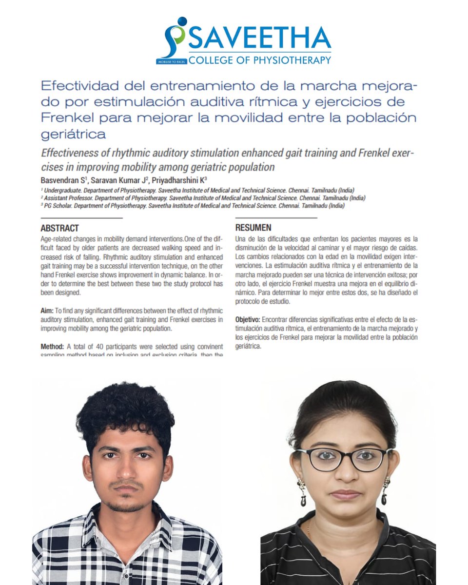 Scpt_official's tweet image. A commendable research study titled“Effectiveness of Rhythmic Auditory Stimulation Enhanced Gait Training and Frenkel Exercises in Improving Mobility among Geriatric Population”highlights the benefits of combining rhythmic auditory stimulation with gait training.#qualityeducation
