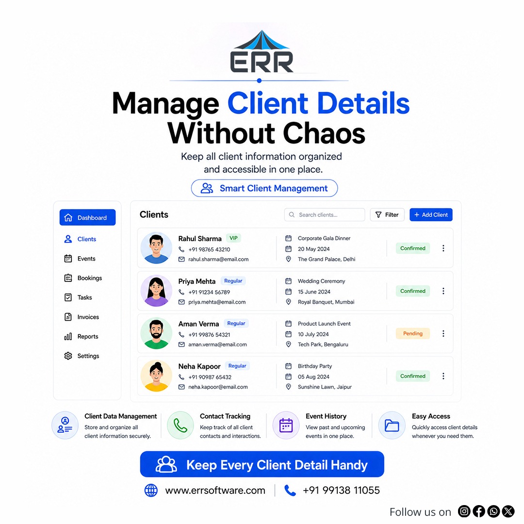 EventResRover's tweet image. Losing track of client details can cost you opportunities. 📉

Event Resource Rover helps you store and manage all client information in one place so you never miss important details.

#EventManagement #ClientManagement #EventBusiness #CRM #ERRSoftware